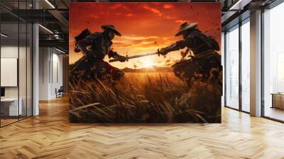 The battle of two samurai in a meadow under the sunset Wall mural