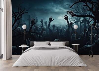 The hands of the zombies emerge from the grave at night, full of spirit signs surrounded by dead trees. Halloween concept. Wall mural