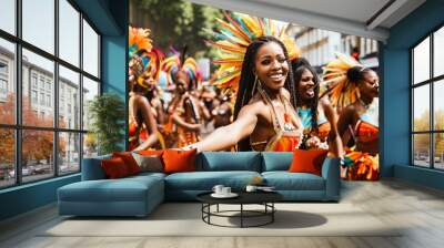 The vibrant parade of Notting Hill Carnival in London, with dancers and musicians celebrating Caribbean culture amidst a jubilant crowd. Wall mural