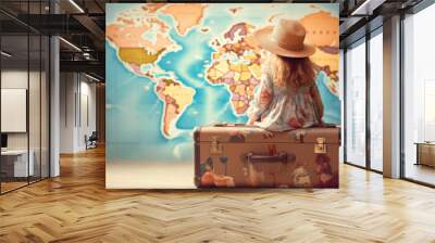 Traveler woman sitting on a suitcase and dreaming about adventures. Map of the world is painted in sky. Concept of travel Wall mural