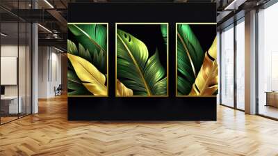 Tropical banners set. Banana leaf with gold splash on black background. Exotic botany for cosmetics, spa, perfume, health care products Wall mural