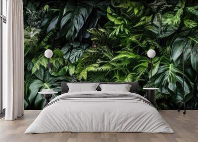 Tropical rainforest foliage plants bushes (ferns, palm, philodendrons, and tropic plants leaves) in tropical garden on black background, green, Generative AI Wall mural