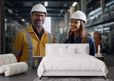 Two professional engineer man and woman manager leader wearing helmet and walking in factory talking and discussing for work Wall mural