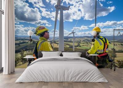 Wind farm technicians working at daunting hights, against a backdrop of a sprawling farm. Wall mural