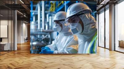 Workers wearing PPE while handling industrial chemicals Wall mural