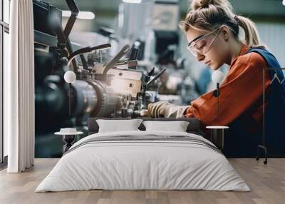 Workers wearing safety goggles control lathe machines to drill components. Metal lathe industrial manufacturing factory Wall mural