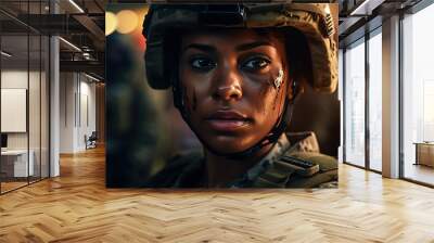 Young black woman wearing military uniform including camouflage fatigues and a helmet. She is ready for war to protect and serve her country, Generative AI Technology Wall mural