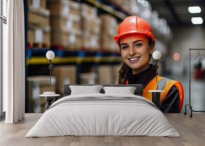 Young woman as apprentice in training in logistics profession with safety helmet Wall mural