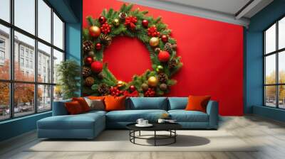 Festive Christmas wreath decoration on vibrant red background with holiday ornament Wall mural