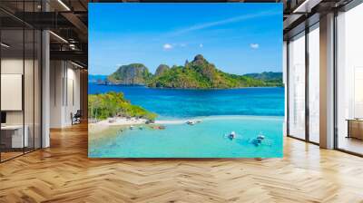 Aerail view of  tropical exotic island sand bar separating sea in two with turquoise  in El Nido, Palawan, Philippines. Wall mural