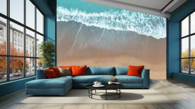 Aerial  Top view of Beach sand copy space Beautiful sea waves in Summer tropical background Wall mural