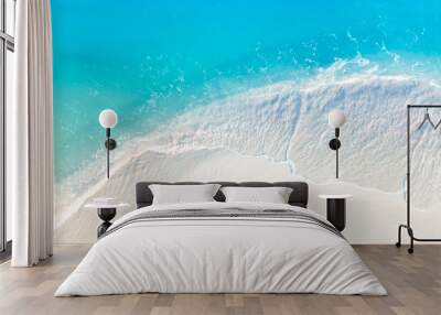 Aerial view with beach in wave of  turquoise sea water shot, Top view of beautiful white sand background Wall mural