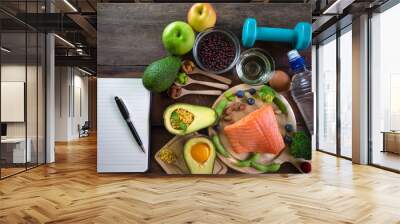 Healthy eating of ketogenic diet meal plan  apple,salmon and avocado with Workout and fitness dieting ,fitness and weight loss concept Wall mural