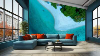 The aerial view of white sand beach tropical with seashore as the island in a coral reef ,blue and turquoise sea Amazing nature landscape with blue lagoon Wall mural