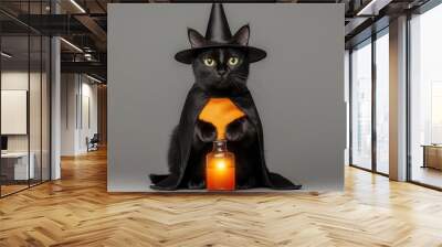 A black cat with a pointed witch hat and cape, casting a spell with a glowing potion bottle, cat witch costume, mystical pet Wall mural