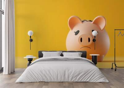 A sad-looking piggy bank stands against a vibrant yellow background, symbolizing financial concerns or budgeting challenges. Wall mural