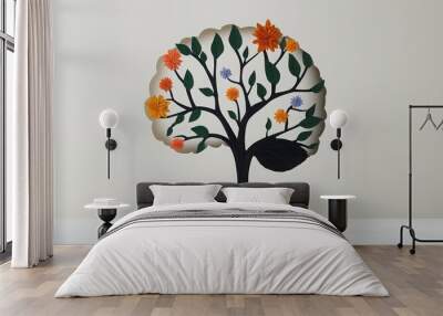 A stylized tree with colorful flowers and green leaves, creatively designed with intricate, cut-out details against a light background. Wall mural