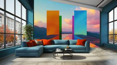 A surreal landscape featuring colorful geometric shapes reflecting on a serene water surface under a vibrant sky. Wall mural