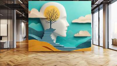 Growth mindset journey, breaking barriers with optimism, 3D illustration Wall mural