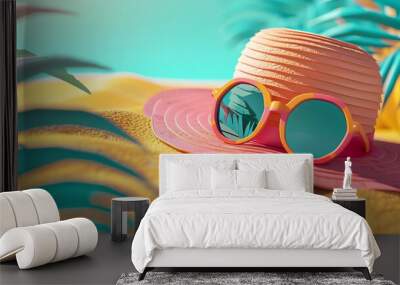 Pink sun hat and sunglasses on a sandy beach. Wall mural