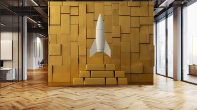 Rocket on a platform of gold bars, profitability concept, 3D illustration Wall mural