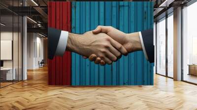 Two hands shake in a business-like agreement against a colorful background, symbolizing partnership and collaboration. Wall mural