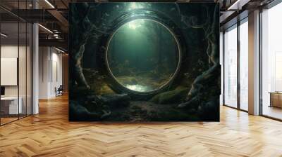 Dark mysterious forest with a magical magic mirror, a portal to another world. Night fantasy forest. 3D illustration. Generative AI Wall mural