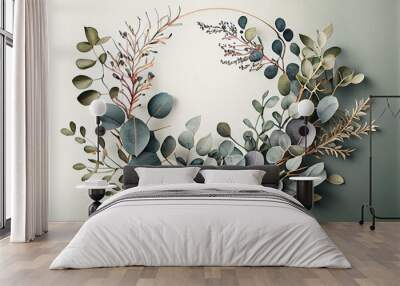 watercolor wreath foliage green natural eucalyptus round delicate leaf leaves organic spring summer bouquet. Generative AI Wall mural