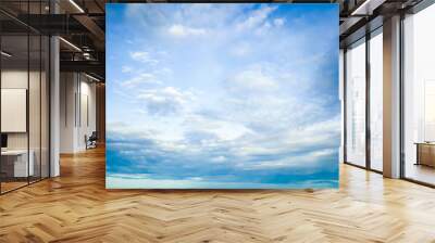 Blue sky and clouds with copy space, Cloudy summertime background. Puffy Cloud move by windy concept Felling good-tempered relaxing vacation journey to travel in tropical fog shiny mist style. Wall mural