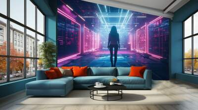 Woman in Neon Lit Corridor Wall mural