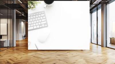 White office desk table with computer tools and supplies. Top view with copy space, flat lay. Wall mural