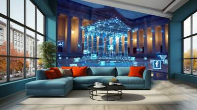 A digital representation of a Greek temple with social media icons surrounding it. Wall mural