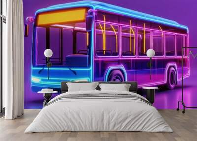 Futuristic Electric Autonomous Buses Illuminating Vibrant Neon Lit City Streets at Night Wall mural