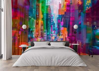 Living A bustling city filled with colorful, abstract life forms Wall mural