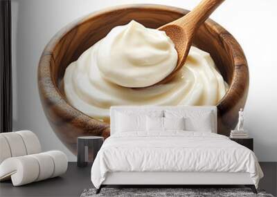  wooden bowl with smooth creamy yogurt isolated on transparent background Generative Ai.

 Wall mural