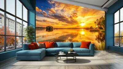 Golden sunset landscape with a serene lake, peaceful scene, serene, golden hour Wall mural