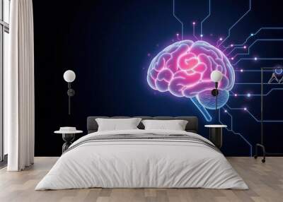 Stylized neon brain with minimalist design on dark background, creativity, minimalistic Wall mural