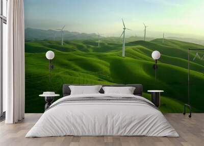 Green field with wind turbines background Wall mural