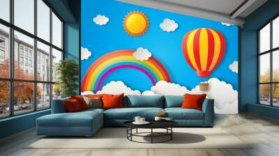 paper art travel balloon flying with sun, rainbow and cloud background. vector illustration. Wall mural