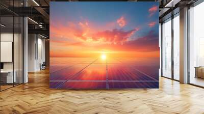 Solar panel cell on dramatic sunset sky background. Generative Ai. Wall mural