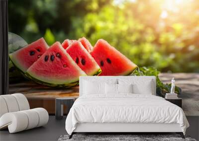 watermelon outdoors wooden table on green natural background. Generative Ai.	 Wall mural