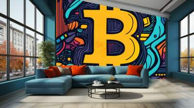 dollar production, coins, stock graphs, and Bitcoin in various creative graphic styles Wall mural