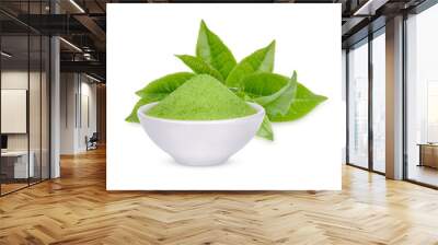 Green tea powder in a white cup with leaves isolated on transparent background. (.PNG) Wall mural