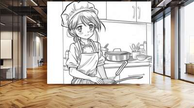 A teenage girl anime wearing a chef clothes, cooking in a kitchen, pencil drawing Wall mural