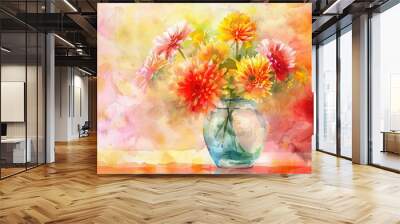 Glass vase with watercolor chrysanthemums - Wall mural