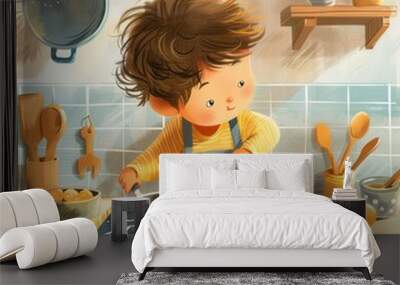 Illustration of a boy with brown hair cooking in a kitchen  Wall mural