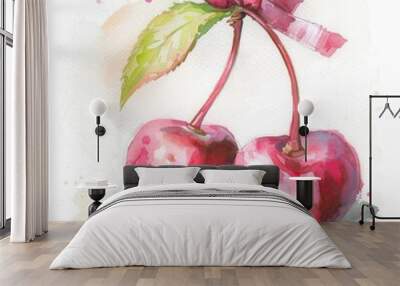 watercolor two pastel pink cherries with a bow Wall mural