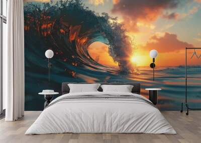 A stunning wave cresting in the ocean at sunset, reflecting golden sunlight under a vibrant sky with clouds. Wall mural