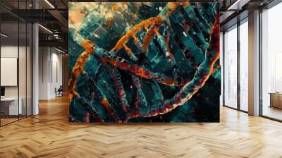 Abstract depiction of DNA helix with vibrant colors, symbolizing genetics, biology, and scientific discovery in a stunning visual representation. Wall mural