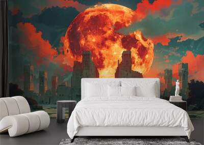 Apocalyptic Cityscape under Ominous Glowing Moon in Dramatic Sci-Fi Landscape Wall mural